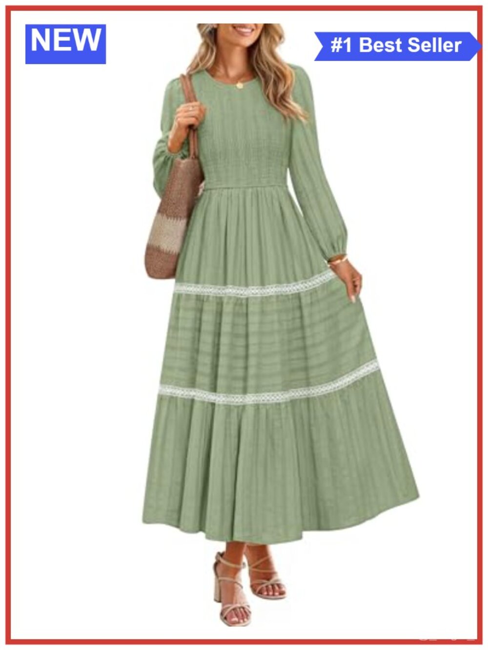 Long Sleeve Crew Neck A-Line Tiered Maxi Dress Casual Fall